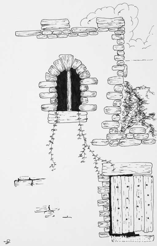 511x800 a drawing of a stone wall, wooden gate, and barred stone window - Stone Wall Drawing