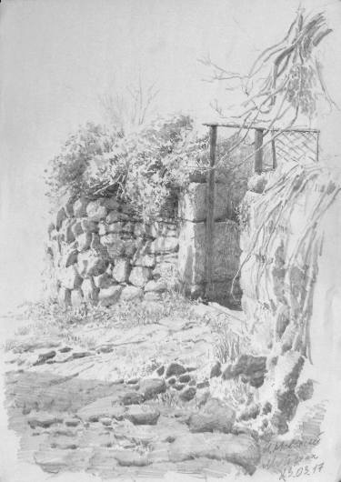 375x530 The Gate In A Stone Wall Drawing - Stone Wall Drawing