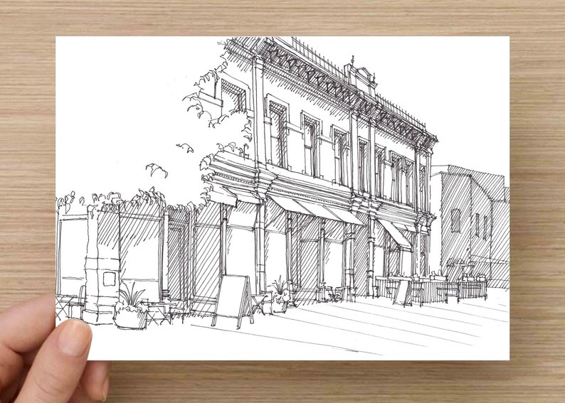 794x567 ink sketch of historic storefront in fort collins colorado etsy - Storefront Drawing