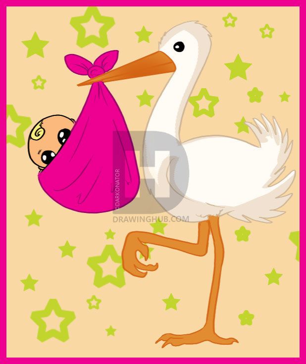 618x735 how to draw a stork with a baby, step - Stork Drawing