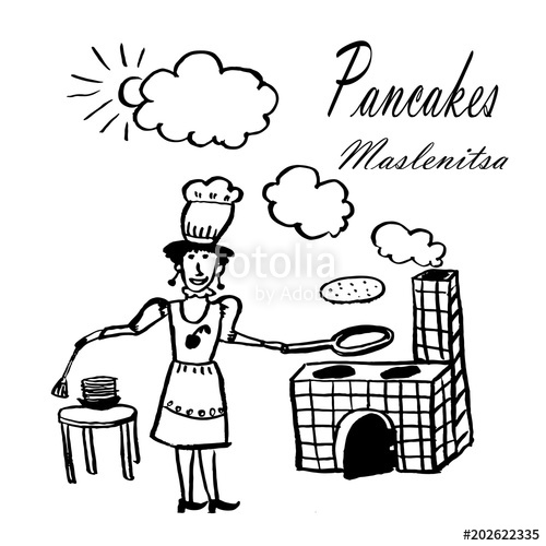 500x500 drawing picture of a young woman with a frying pan in a chef's hat - Stove Drawing