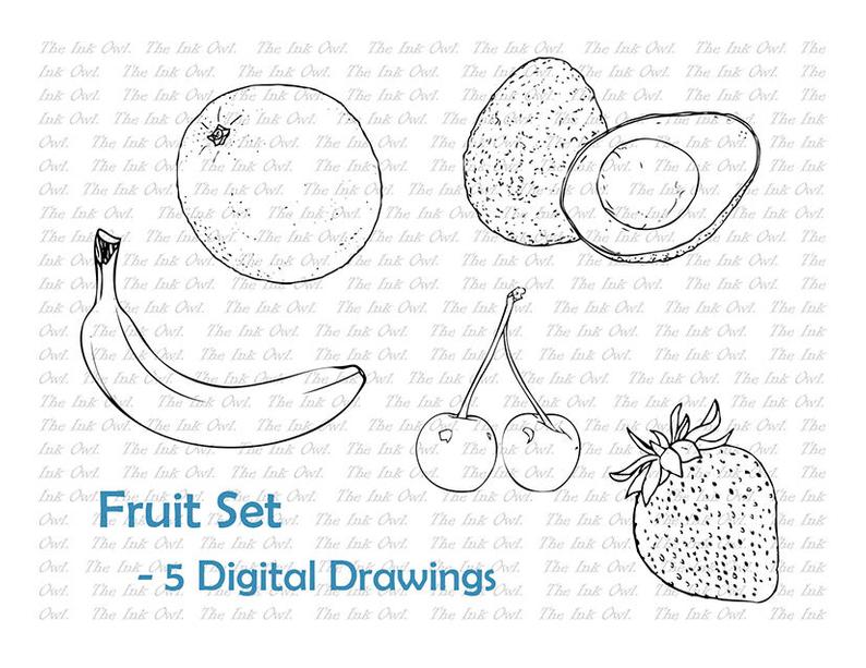 794x613 Fruit Line Drawing Set Banana Orange Avocado Cherry Etsy - Strawberry Line Drawing