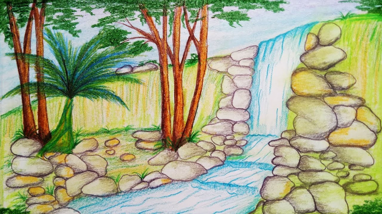 1280x720 How To Draw Scenery Of Stream Waterfall Step - Stream Drawing