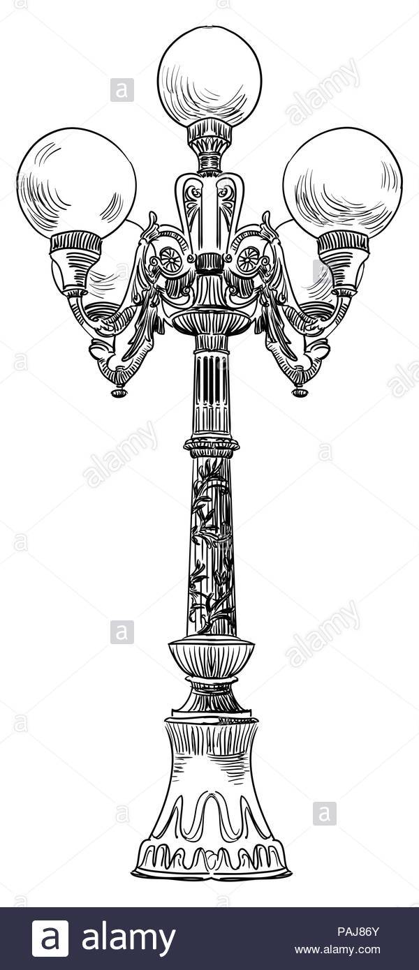 600x1390 lamp drawing picture hand draw antique street lamp vintage stock - Street Lamp Drawing