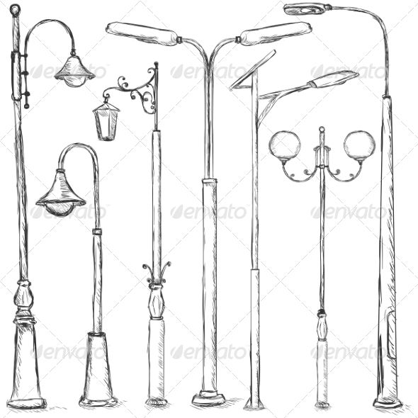 590x590 Vector Set Of Sketch Street Lights Fonts Logos Icons Sketches - Street Light Drawing