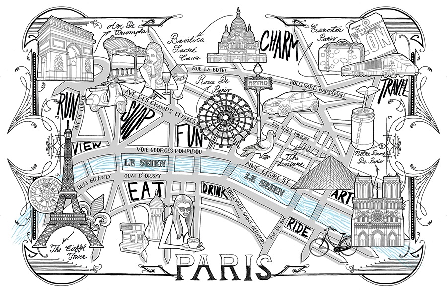 900x591 Paris Detailed Map Drawing - Street Map Drawing
