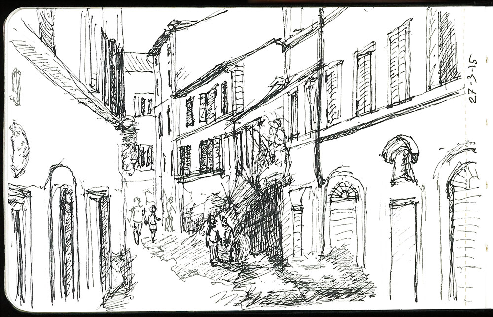 1000x643 Perspective Drawing Of A Street View Scene In Rome, Ballpoint Pen - Street Perspective Drawing
