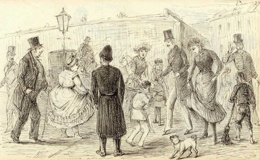 1024x629 j d croome, victorian street scene with policeman - Street Scene Drawing