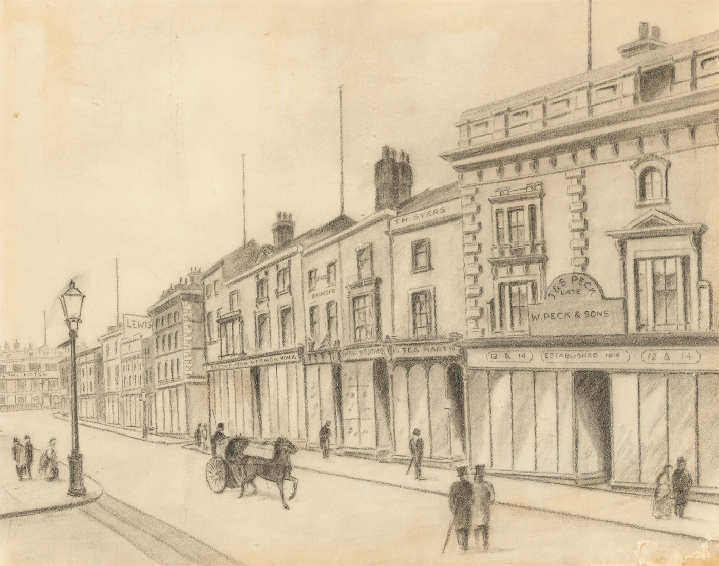 1400x1102 late century charcoal drawing - Street Scene Drawing