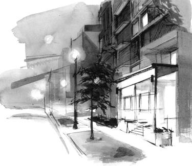 375x325 Street Scene With Tree Drawing - Street Scene Drawing