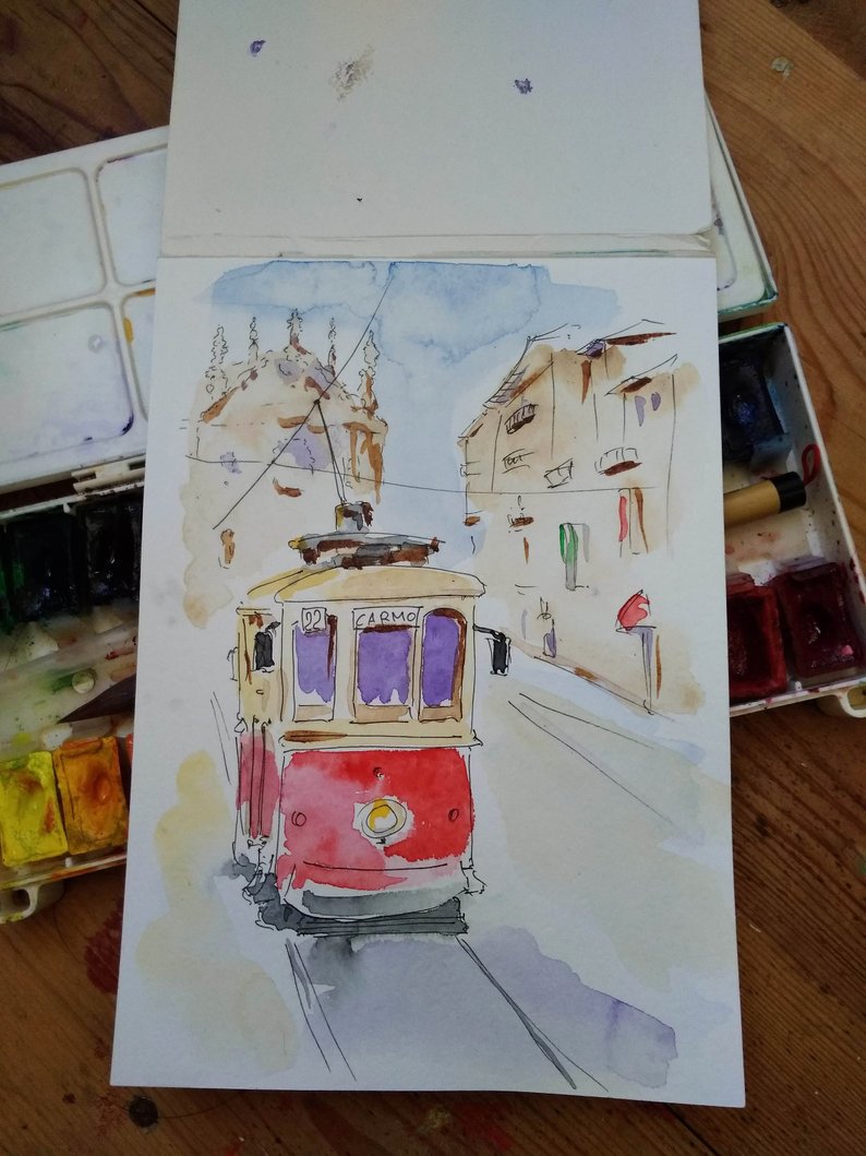 794x1059 red streetcar in old city original watercolor painting etsy - Streetcar Drawing