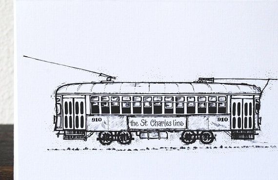 570x369 vintage new orleans streetcar drawing pen ink stationery, st - Streetcar Drawing