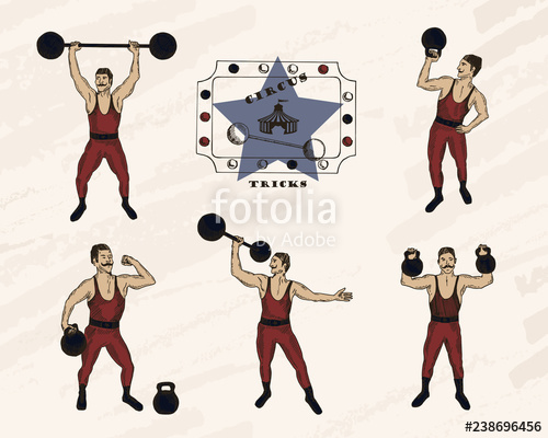 500x400 vector objects set strongmen with mustache retro circus - Strong Man Drawing