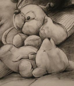 256x299 Stuffed Animals Charcoal Drawing Rebekah Reed Art Still Life - Stuffed Animal Drawing