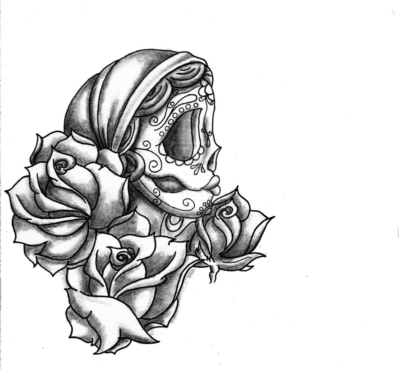 1280x1182 Latest Rose Flowers And Sugar Skull Tattoo Design - Sugar Skull And Rose Drawing