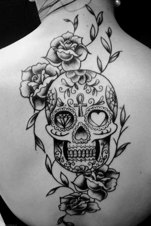 500x745 Mexican Skull Roses Flowers Back Tattoo Design For Women - Sugar Skull And Rose Drawing