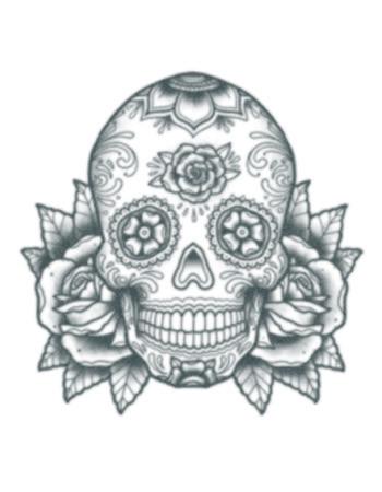 350x450 Sugar Skull Black And White Temporary Tattoo,realistic Fake Tattoo - Sugar Skull And Rose Drawing