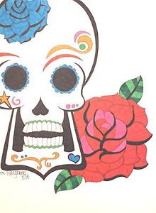 220x300 Sugar Skull With Rose Drawing, Day Of The Dead Art, Inches - Sugar Skull And Rose Drawing