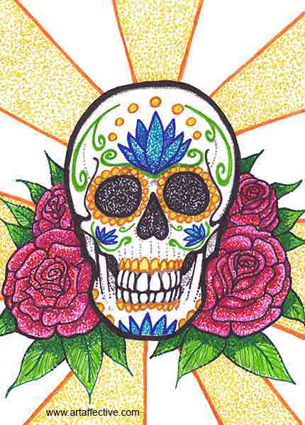 430x600 Sugar Skull With Roses - Sugar Skull And Rose Drawing