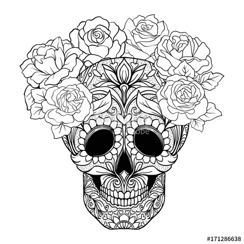 500x500 Sugar Skull With Decorative Pattern And A Wreath Of Red Roses - Sugar Skull And Rose Drawing