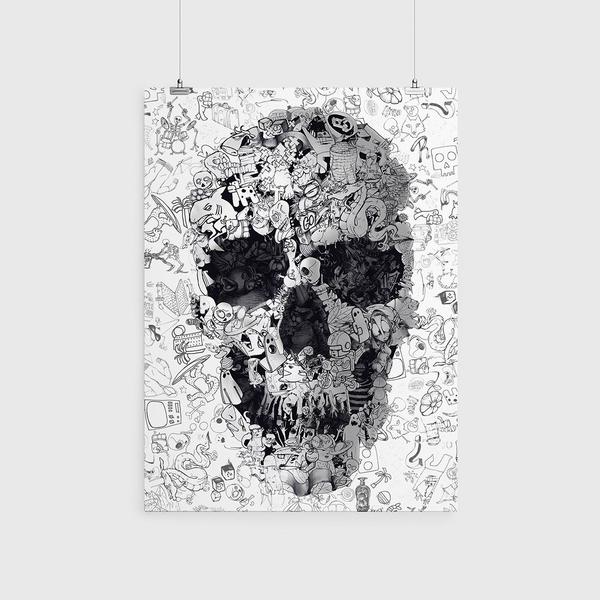 600x600 doodle skull poster, black and white sugar skull wall art, cool - Sugar Skull Black And White Drawing