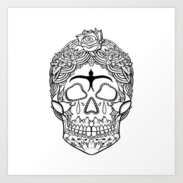700x700 Frida Kahlo Sugar Skull Black And White Art Print - Sugar Skull Black And White Drawing