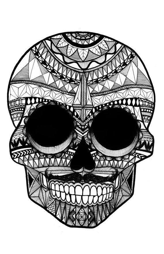 570x881 Patterned Sugar Skull, Black And White, Digital Art Print - Sugar Skull Black And White Drawing