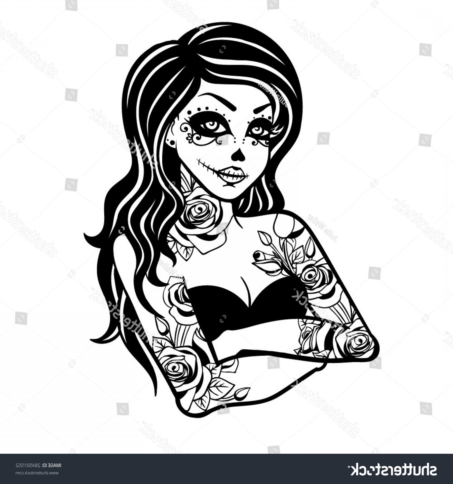 1800x1920 Vector Black White Skull Candy Girl Soidergi - Sugar Skull Black And White Drawing