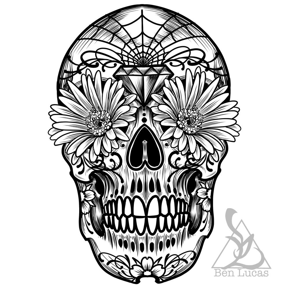 1000x1000 Day Of The Dead Sugar Skull Black And White Digital Drawing - Sugar Skull Black And White Drawing