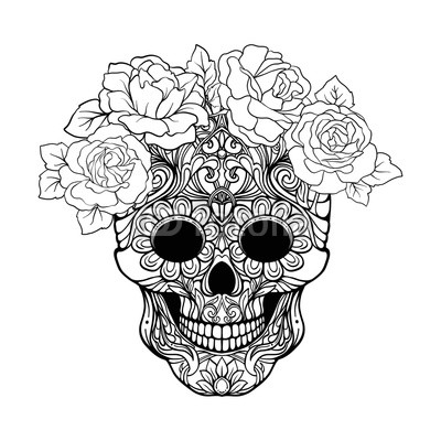 400x400 Sugar Skull With Decorative Pattern And A Wreath Of Red Roses - Sugar Skull Drawing