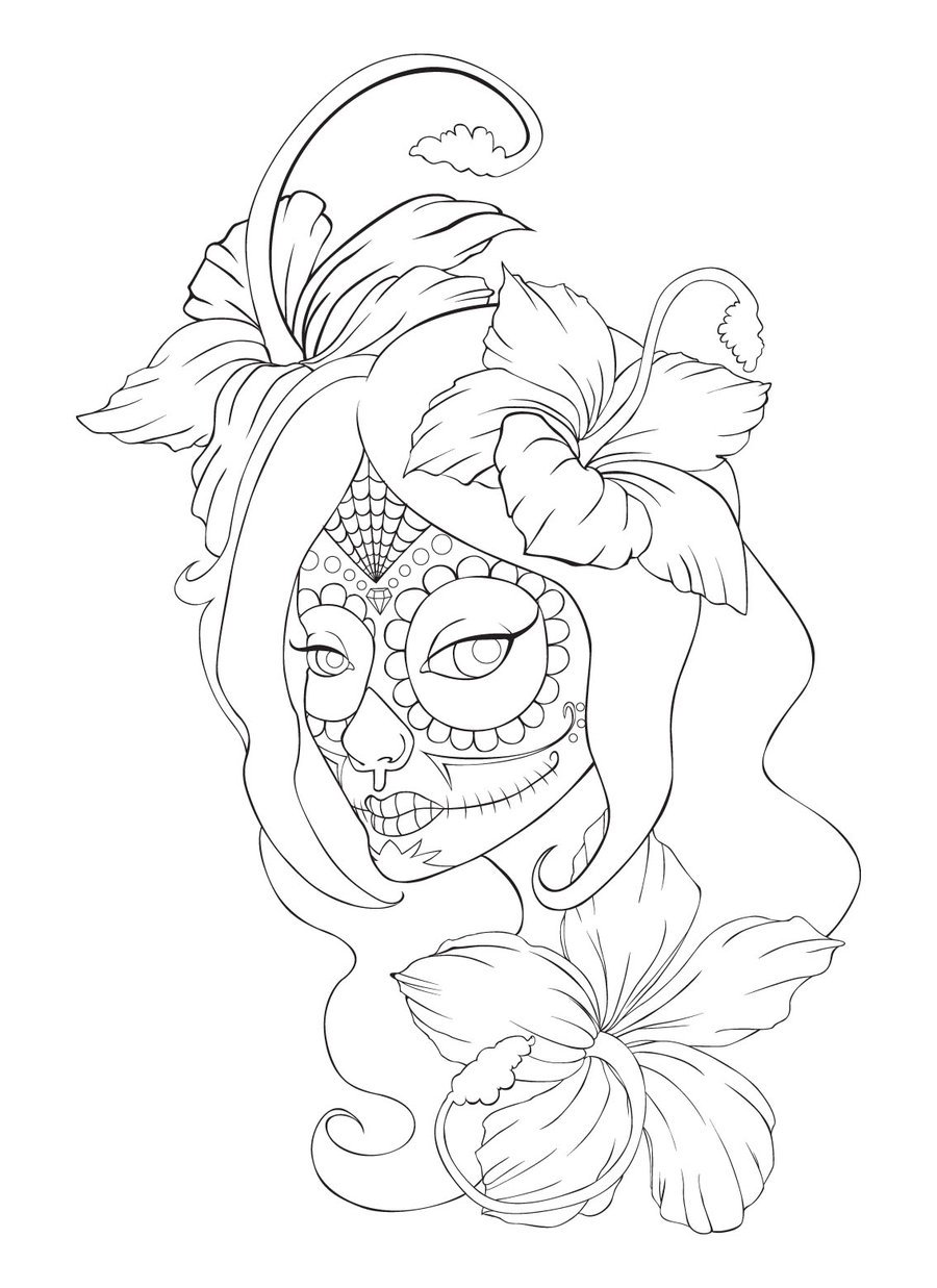 900x1237 Sugar Skull Tattoo Line Drawing - Sugar Skull Face Drawing
