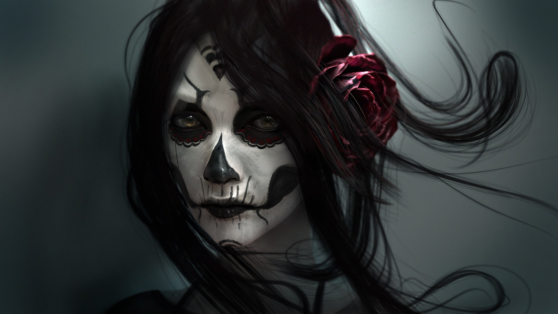 1920x1080 Wallpaper Drawing, Illustration, Digital Art, Women, Anime - Sugar Skull Face Drawing