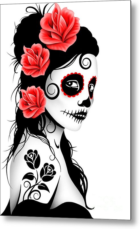 493x803 tattooed day of the dead sugar skull girl white metal print - Sugar Skull Girl Drawing