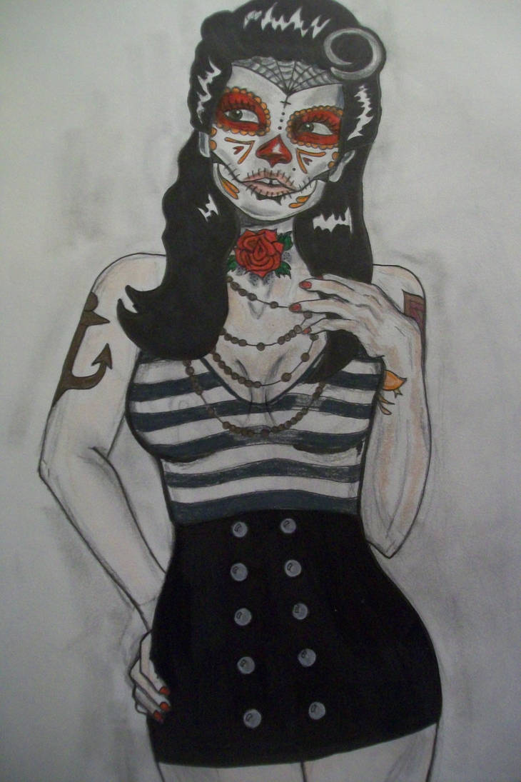 730x1095 Pinup Sugar Skull - Sugar Skull Pin Up Drawing