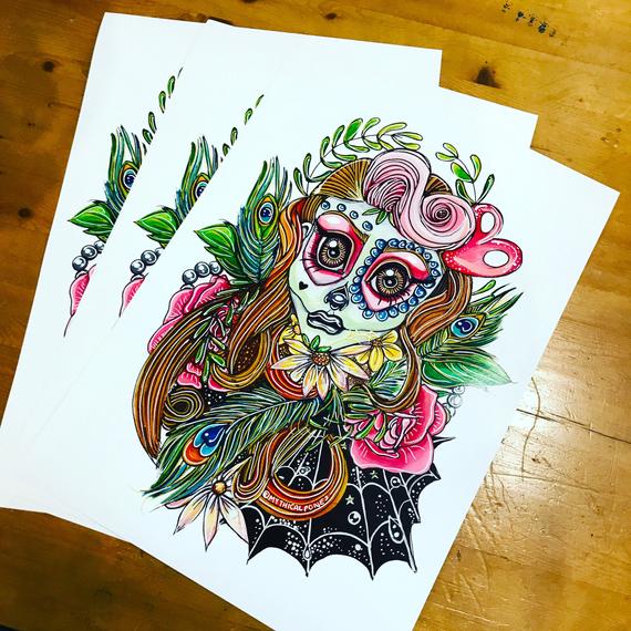 570x570 Day Of The Dead Sugar Skull Pin Up Vintage Painting Drawing Etsy - Sugar Skull Pin Up Drawing