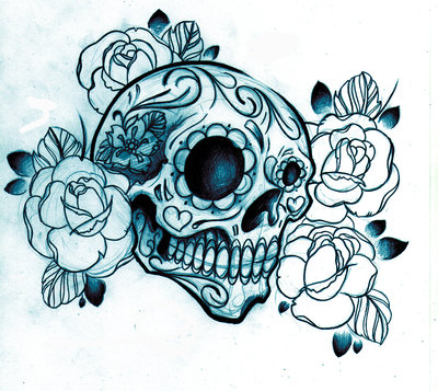 400x357 Mexican Sugar Skull Tattoo Drawing With Sketched Roses - Sugar Skull Tattoo Drawings