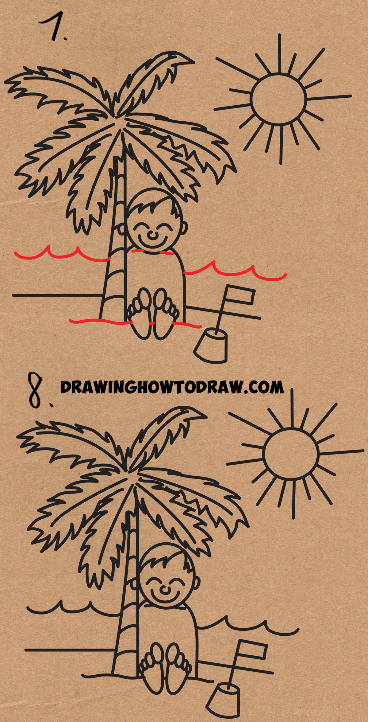 1200x2351 how to draw a cartoon summer beach scene from the word hot - Summer Drawing For Kids