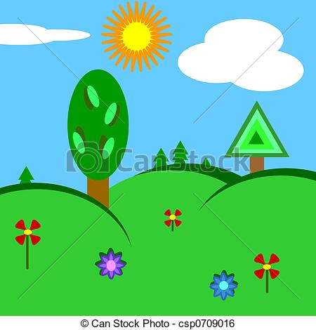 450x470 summer landscape summer outdoor scene with trees and flowers - Summer Scene Drawing