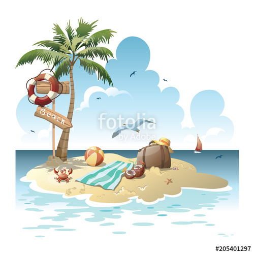 500x500 Cartoon Island In The Sea With Luggage Illustration For A Travel - Summer Vacation Drawing
