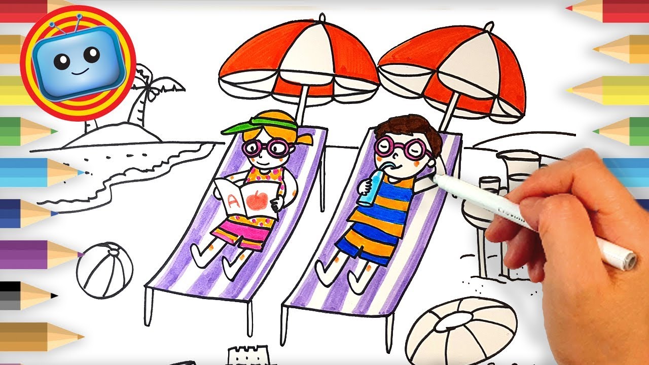 1280x720 How To Draw Beach For Kids Summer Vacation Learn Colors - Summer Vacation Drawing