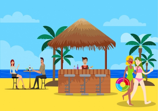 600x423 Summer Vacation Drawing Beach Icon Cartoon Characters Free Vector - Summer Vacation Drawing