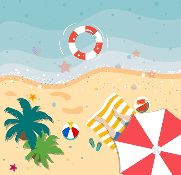 600x579 Summer Vacation Drawing Beach Scenery High View Free Vector - Summer Vacation Drawing