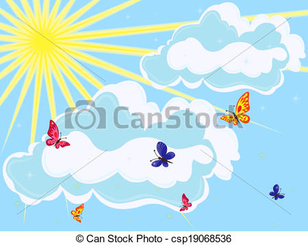 450x357 sky with sun, clouds and butterflies on foreground hand drawing - Sun And Clouds Drawing