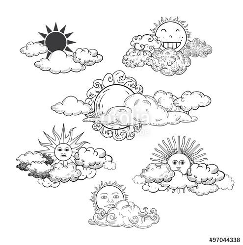495x500 Vector Sun With Clouds Doodle Hand Drawn Collection - Sun And Clouds Drawing