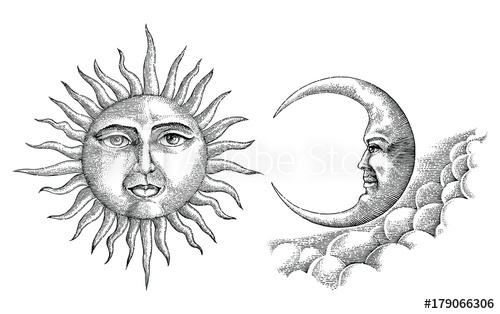 500x314 vintage moon and sun hand drawing vintage style - Sun And Moon Drawing