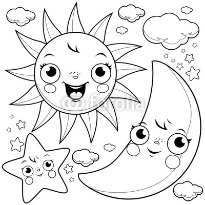 400x400 Cute Sun, Moon, Stars And Clouds Black And White Coloring - Sun And Moon Drawing Black And White