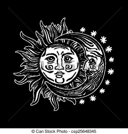450x470 Illustration Sun Moon Star Human Faces Retro Vintage Vector - Sun And Moon Drawing Black And White