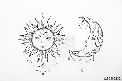 500x334 sketch of the sun and moon white background stock photo - Sun And Moon Drawing Black And White