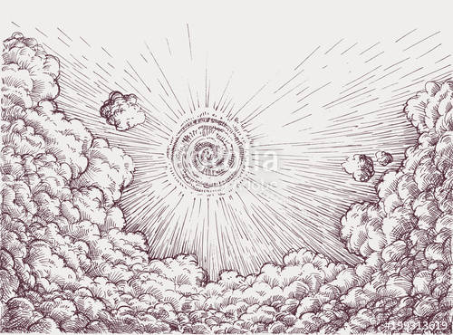 500x370 Sky Drawing Retro Style Sun Rising Over Clouds, Hope Concept - Sun And Sky Drawing