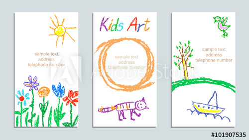 500x281 Set Of Wax Crayon Kid`s Drawn Colorful Cards With Hand Drawing - Sun Drawing For Kid